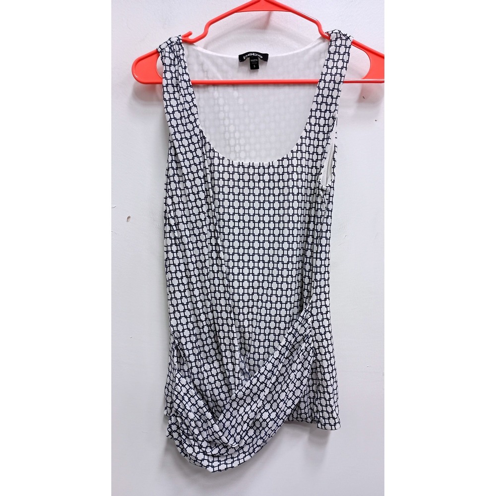 Bebe Tank Top Womens Small White Blue Geometric Sleeveless Faux Wrap Drape Neck